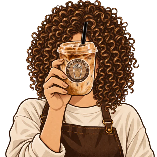 The curly-haired mystery founder holding an Absolute Zero iced latte in front of her face